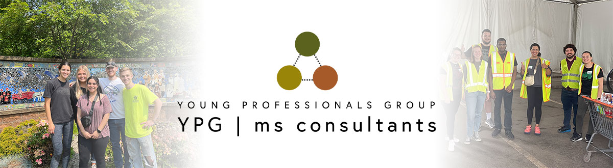 ms Consultants Young Professionals Group logo in the center, two groups of people on both sides volunteering