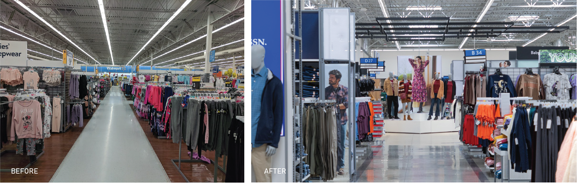 Walmart clothing department before and after their store renovation.